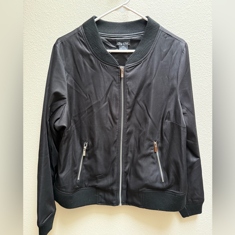 City Chic Black Satin Bomber Jacket